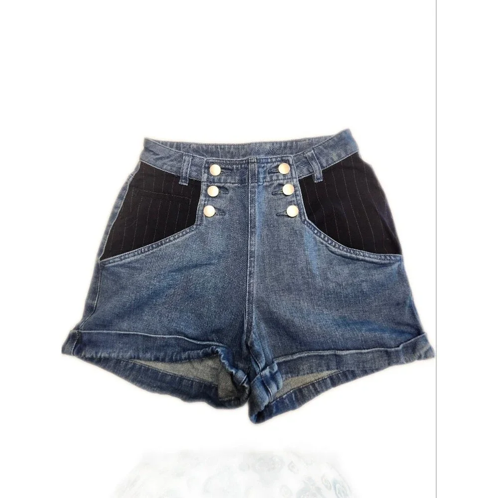 VENUS (Yupp) Hi-Rise Flat Front Cuffed Denim Shorts, Pinstripe Pocket Detail, 2